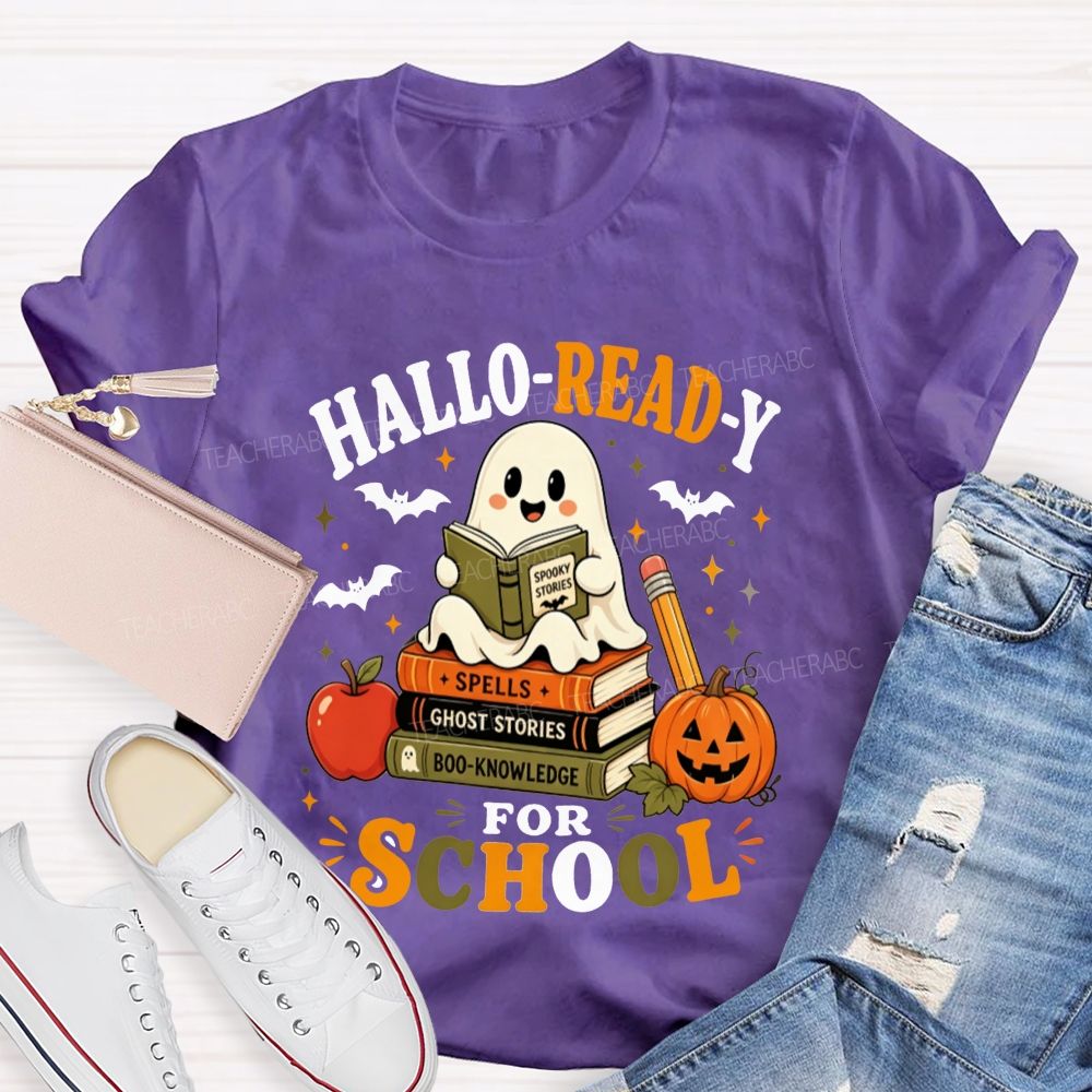 Hallo-Ready For School Ghost Reading Book Stack Pumpkin Halloween Teacher T-shirt
