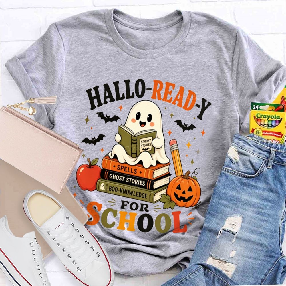 Hallo-Ready For School Ghost Reading Book Stack Pumpkin Halloween Teacher T-shirt