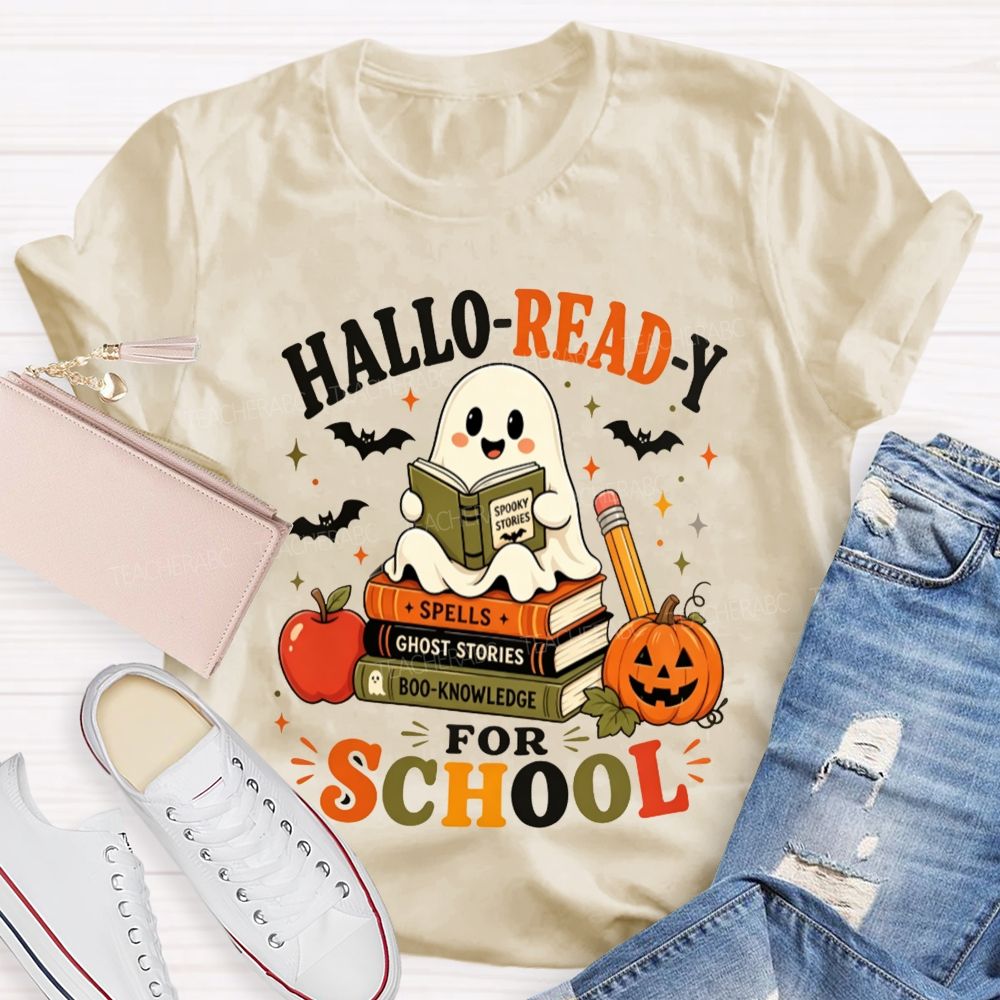 Hallo-Ready For School Ghost Reading Book Stack Pumpkin Halloween Teacher T-shirt
