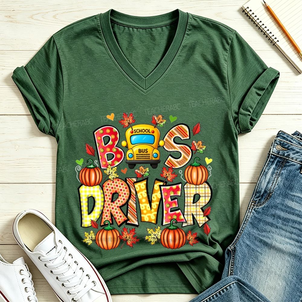 Bus Driver Fall Pumpkin Leaves V Neck T-shirt