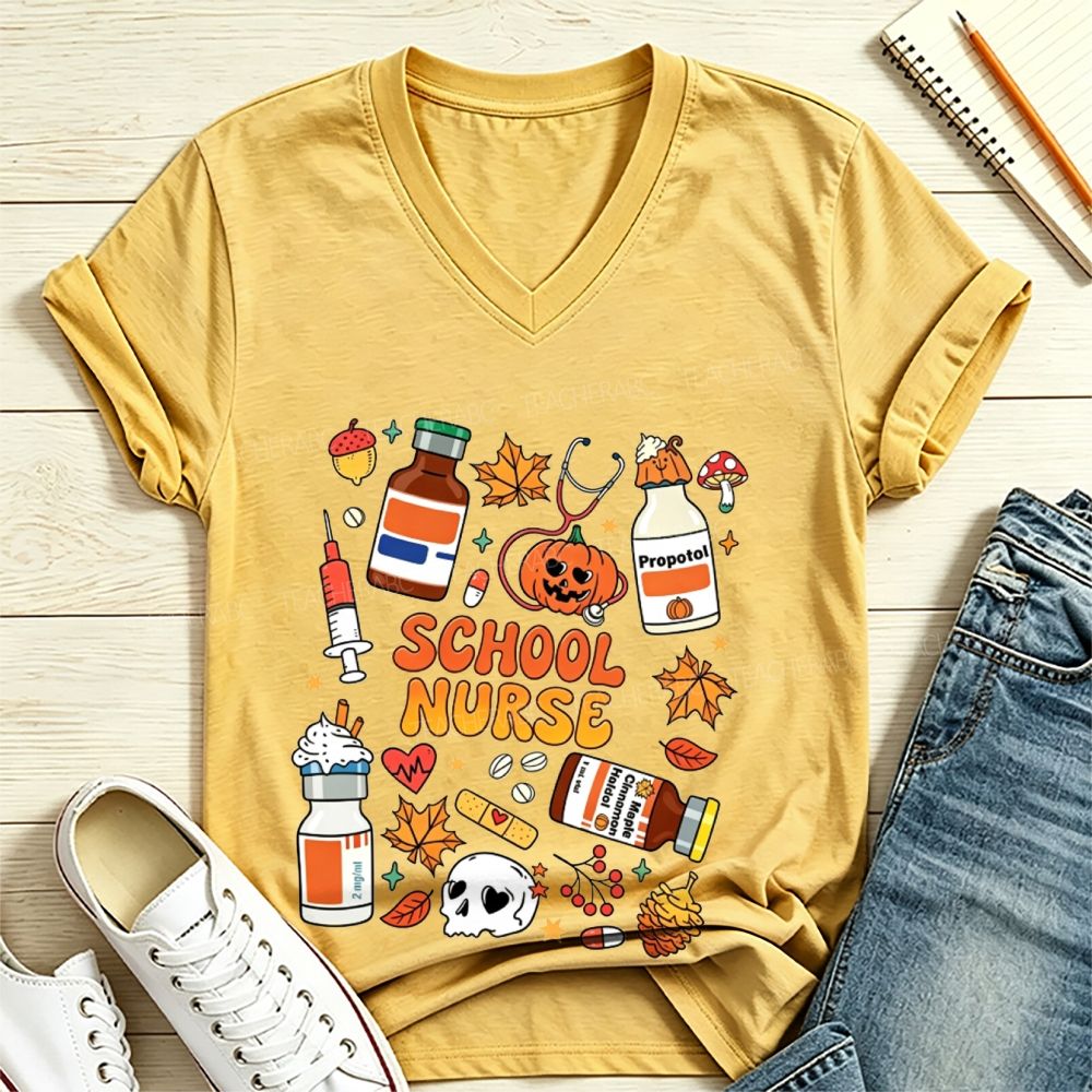 Halloween School Nurse Fall Vibes V Neck T-shirt