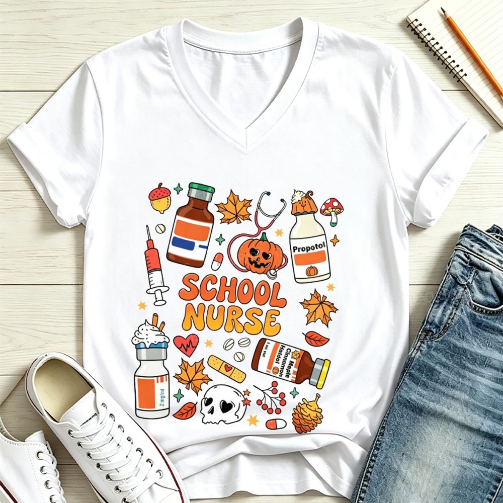 Halloween School Nurse Fall Vibes V Neck T-shirt