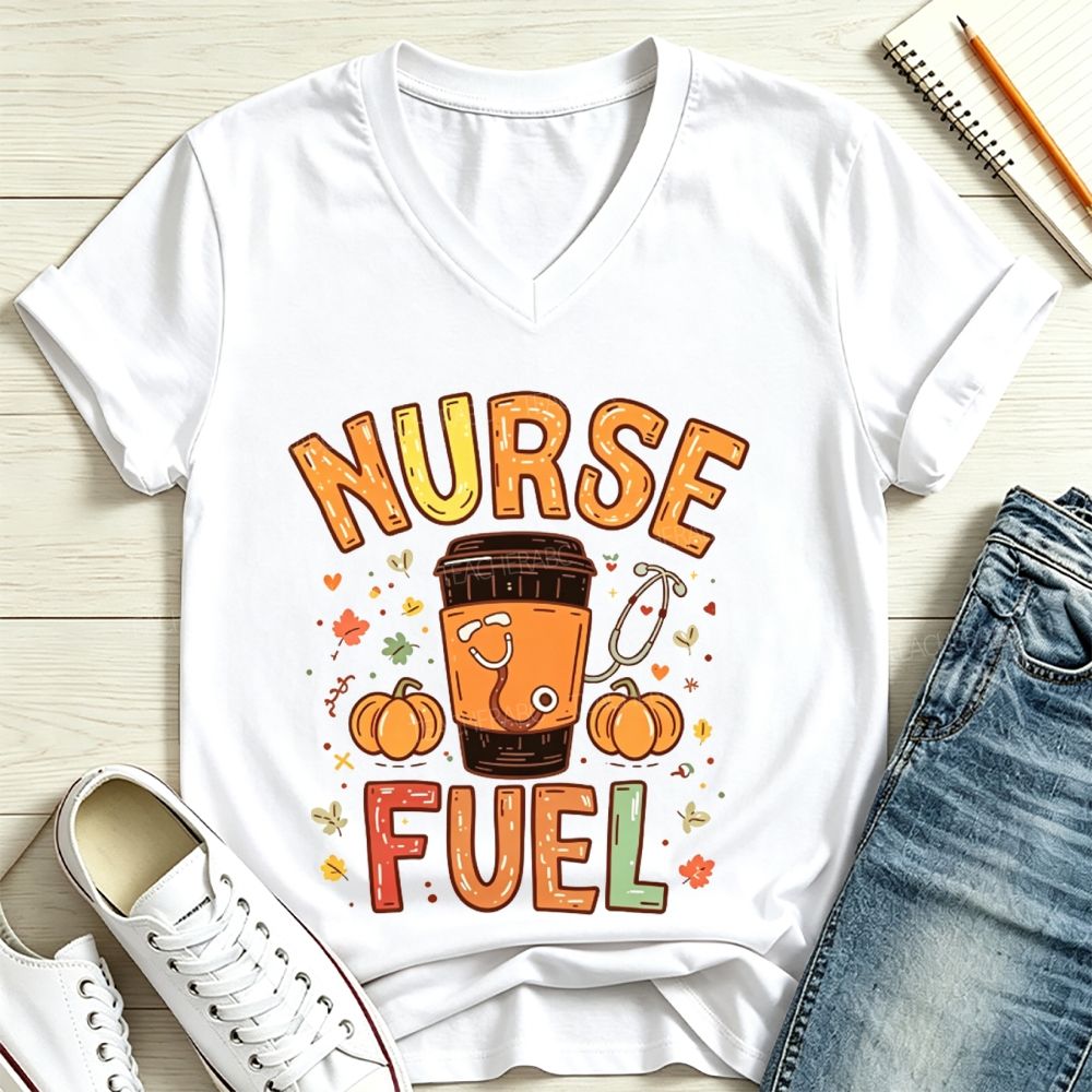Nurse Fuel Fall Coffee Pumpkin Stethoscope Autumn V Neck T-shirt