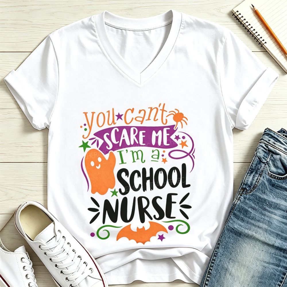 You Can'T Scare Me I'M A School Nurse Halloween Ghost V Neck T-shirt