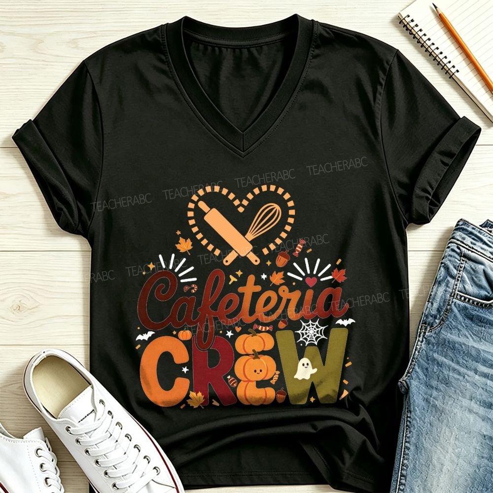 Cafeteria Crew Fall Pumpkin Ghost Heart Rolling Pin Halloween V Neck T-shirt