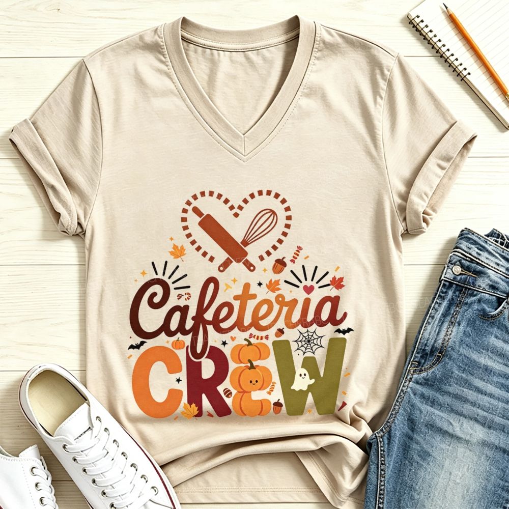 Cafeteria Crew Fall Pumpkin Ghost Heart Rolling Pin Halloween V Neck T-shirt