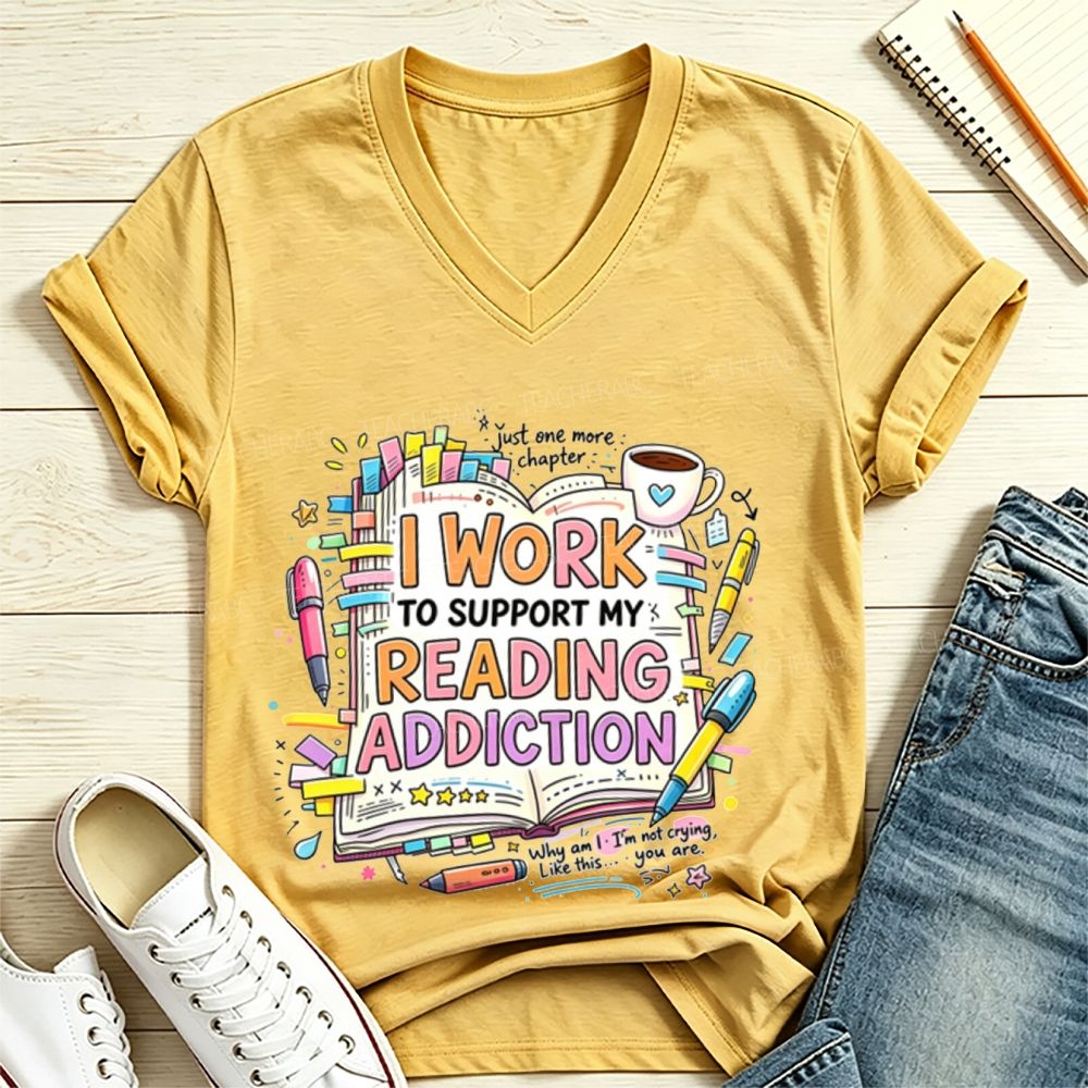 I Work To Support My Reading Addiction Book Lover Bookstack Coffee V Neck T-shirt