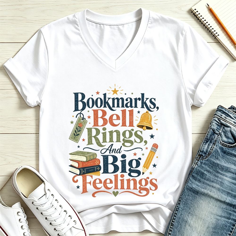 Bookmarks Bell Rings And Big Feelings V Neck T-shirt