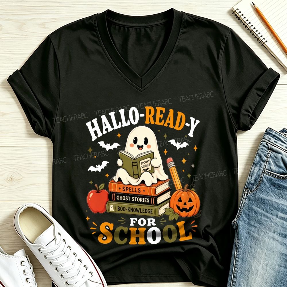 Hallo-Ready For School Ghost Reading Book Stack Pumpkin Halloween V Neck T-shirt