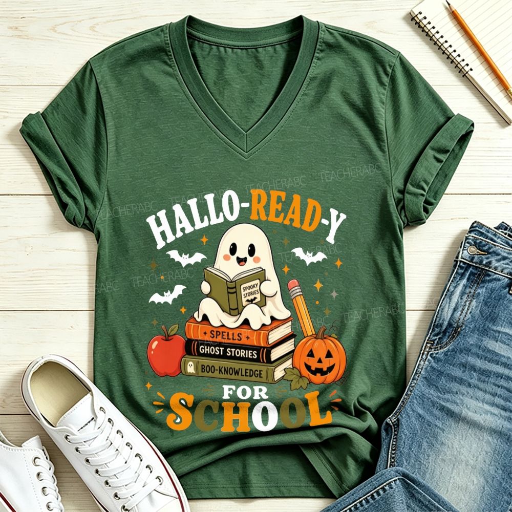 Hallo-Ready For School Ghost Reading Book Stack Pumpkin Halloween V Neck T-shirt