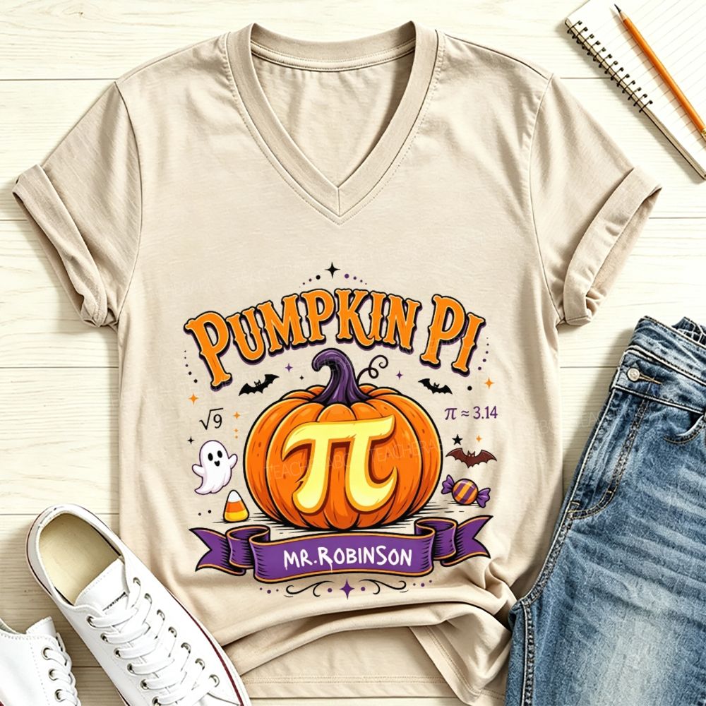Personalized Name Pumpkin Pi Custom Name Halloween Math Teacher V Neck T-shirt