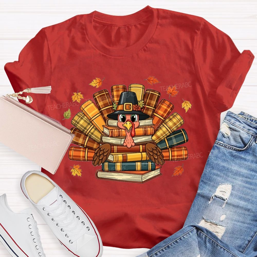 Fall Teacher Turkey Book Stack Thanksgiving Teacher T-shirt