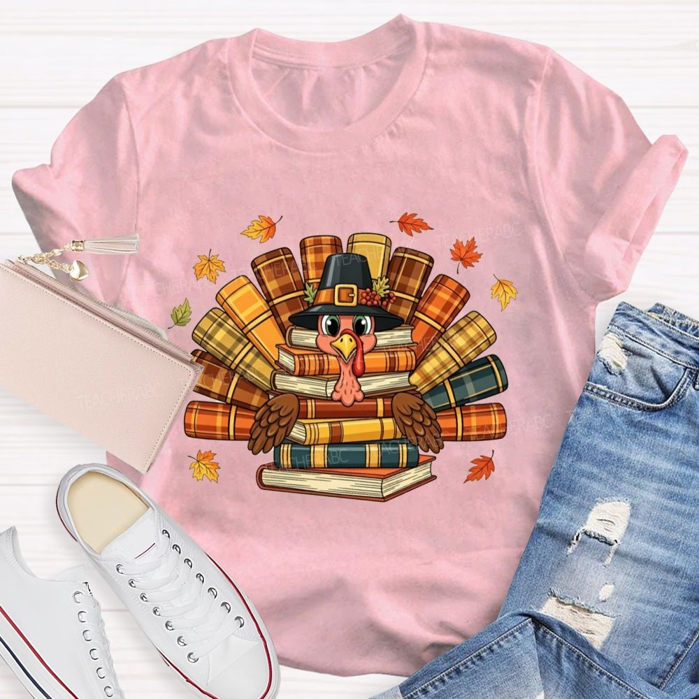 Fall Teacher Turkey Book Stack Thanksgiving Teacher T-shirt