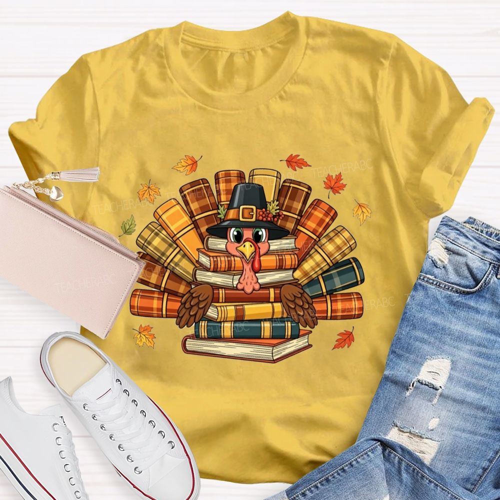 Fall Teacher Turkey Book Stack Thanksgiving Teacher T-shirt
