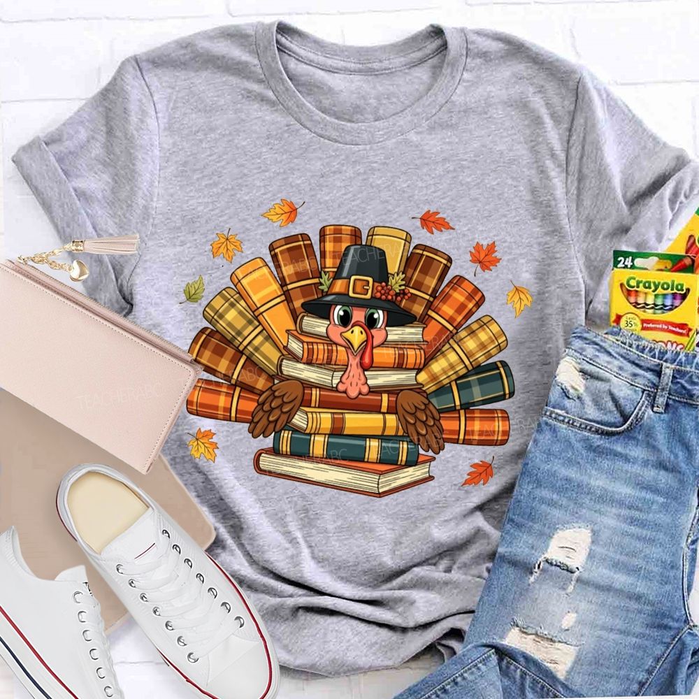 Fall Teacher Turkey Book Stack Thanksgiving Teacher T-shirt