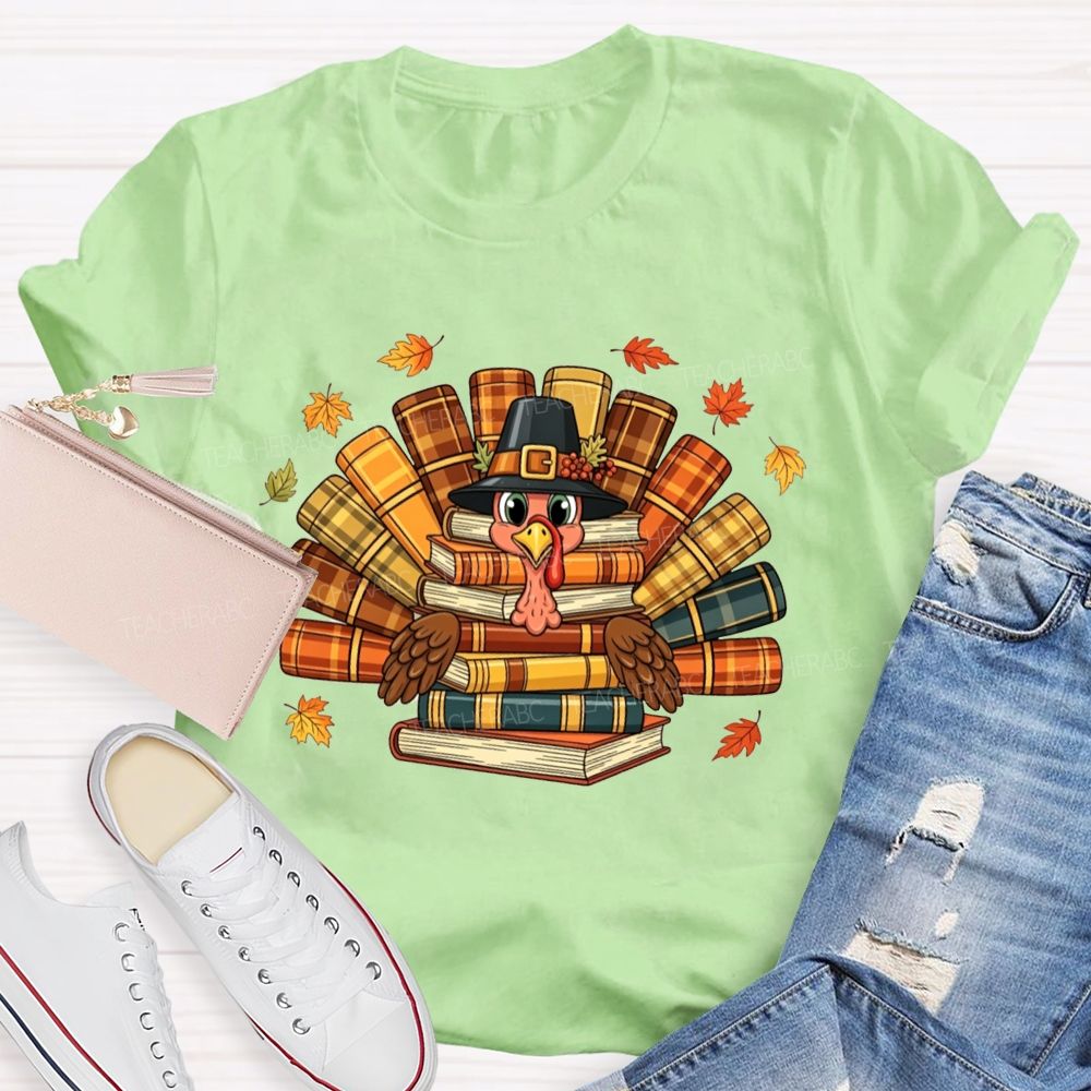 Fall Teacher Turkey Book Stack Thanksgiving Teacher T-shirt