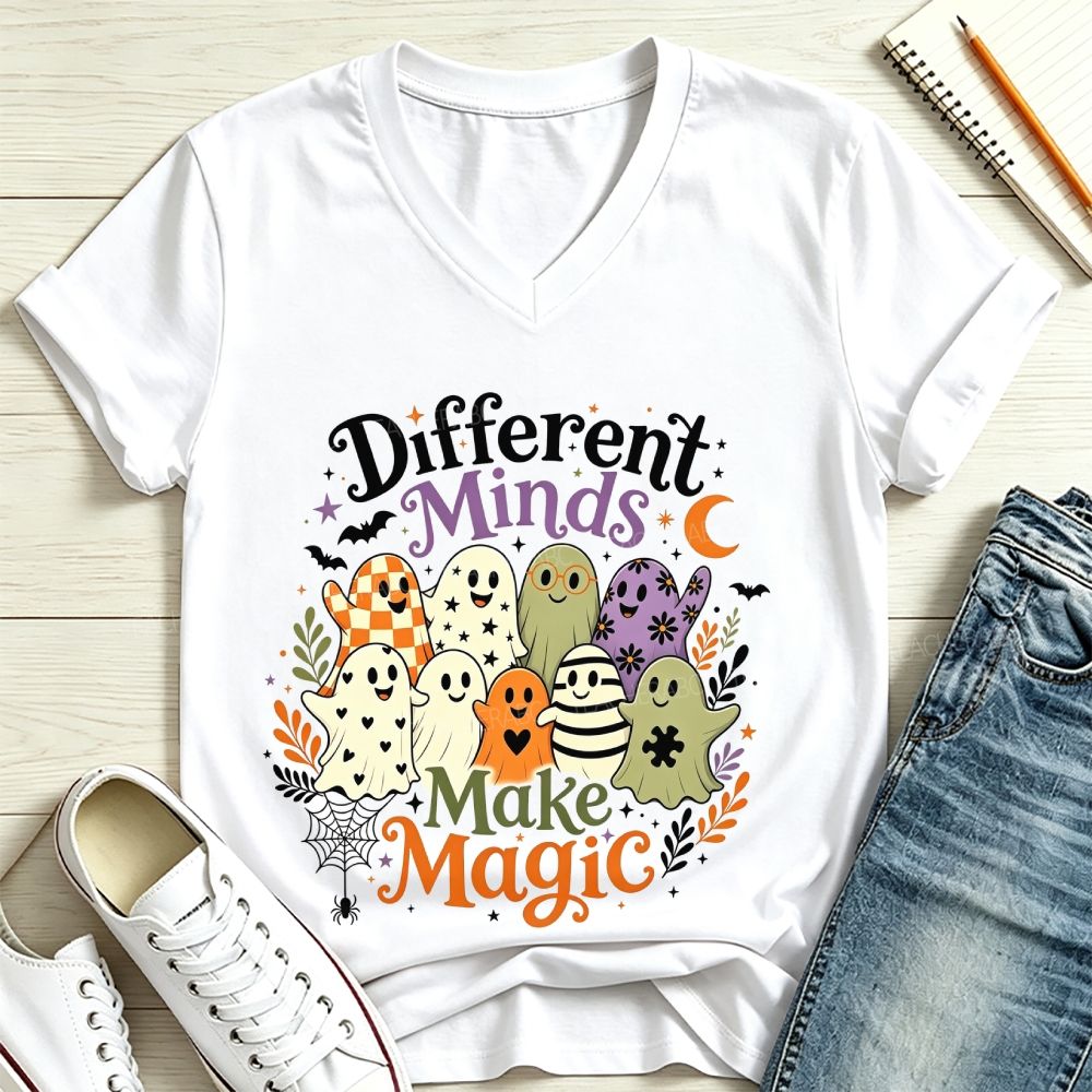 Different Minds Make Magic Ghost Halloween Special Education V Neck T-shirt
