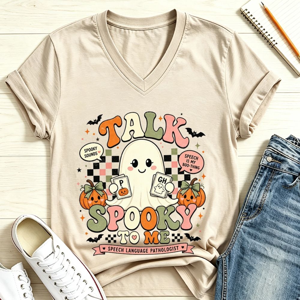 Ghost Talk Spooky To Me Speech Therapist Halloween V Neck T-shirt