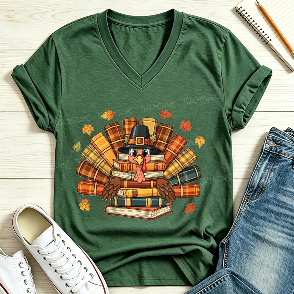 Fall Teacher Turkey Book Stack Thanksgiving V Neck T-shirt