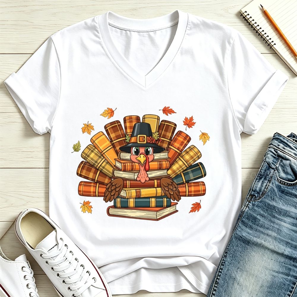 Fall Teacher Turkey Book Stack Thanksgiving V Neck T-shirt