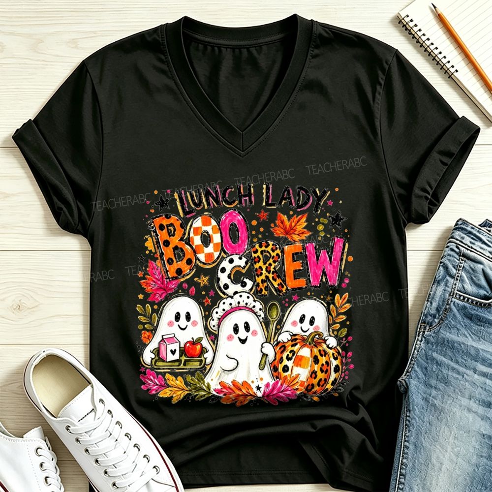Lunch Lady Boo Crew Halloween Ghost V Neck T-shirt