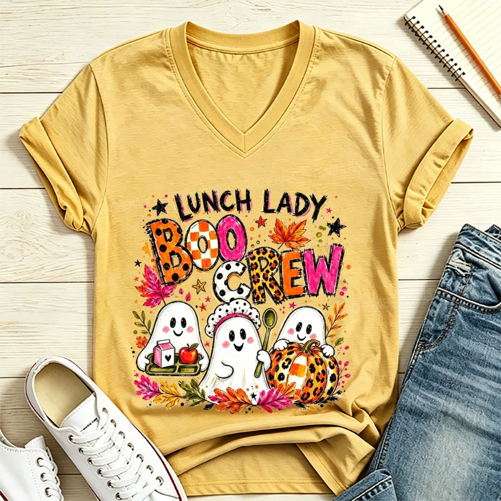 Lunch Lady Boo Crew Halloween Ghost V Neck T-shirt