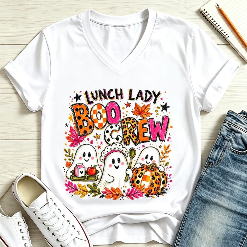 Lunch Lady Boo Crew Halloween Ghost V Neck T-shirt