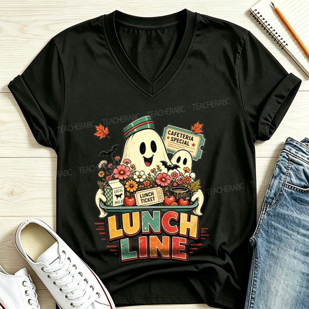 Lunch Line Ghost Cafeteria Worker Halloween V Neck T-shirt
