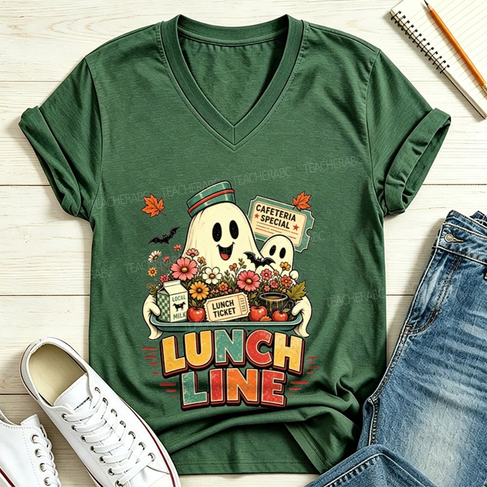 Lunch Line Ghost Cafeteria Worker Halloween V Neck T-shirt