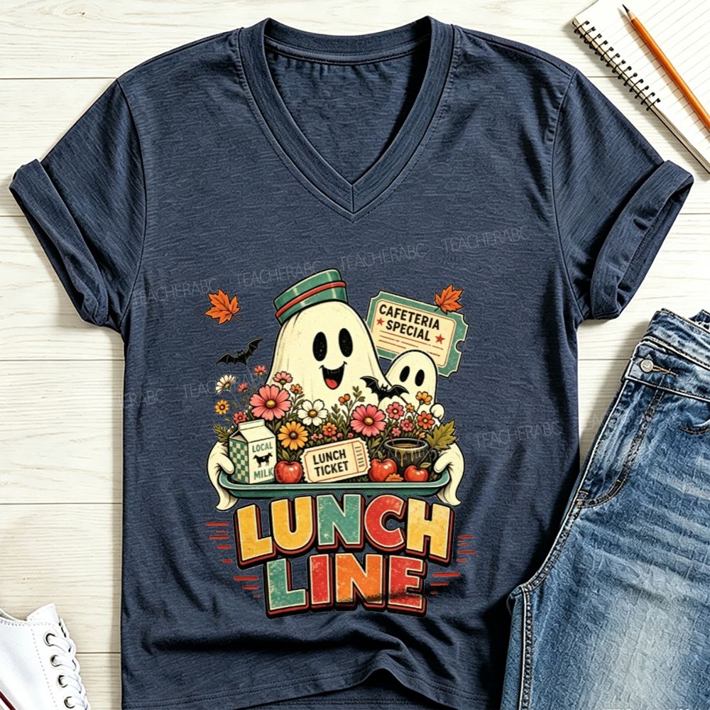 Lunch Line Ghost Cafeteria Worker Halloween V Neck T-shirt