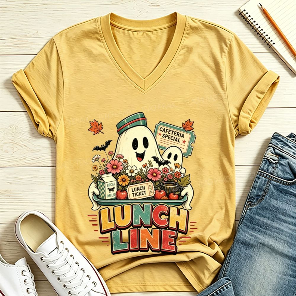 Lunch Line Ghost Cafeteria Worker Halloween V Neck T-shirt