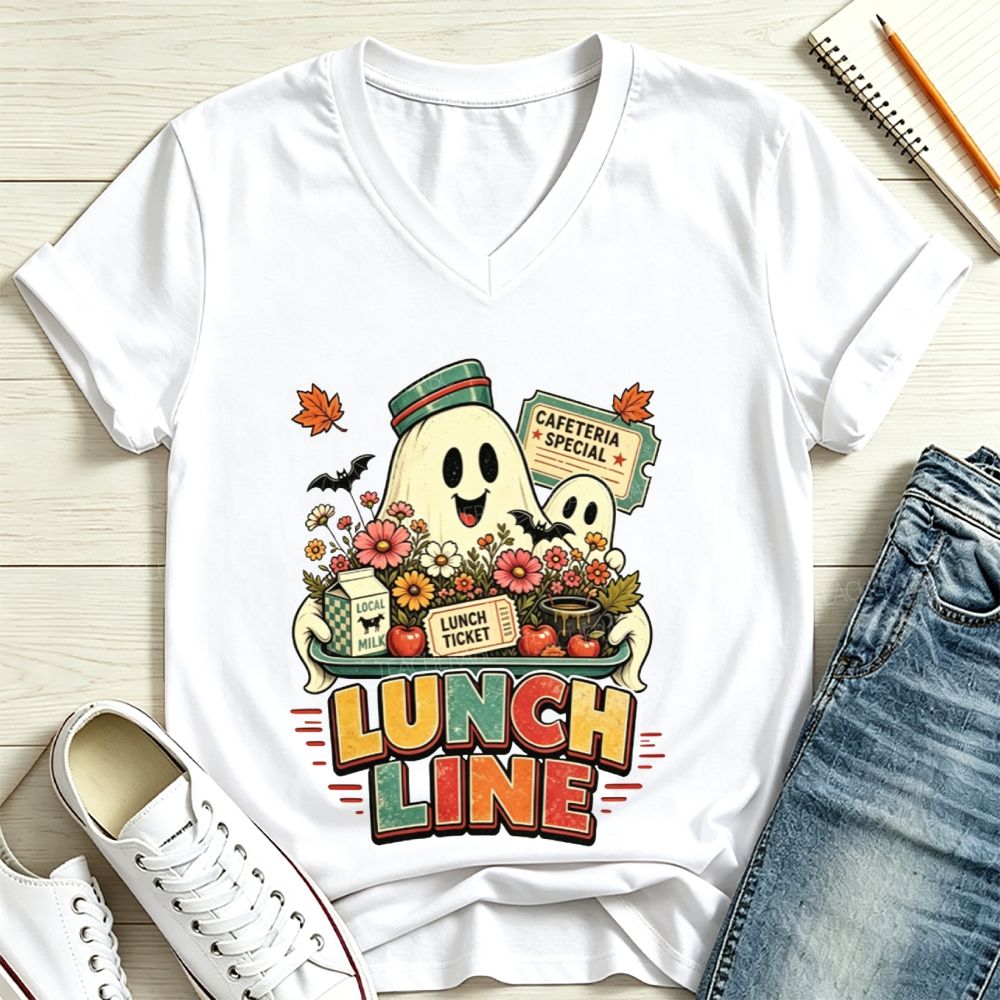 Lunch Line Ghost Cafeteria Worker Halloween V Neck T-shirt