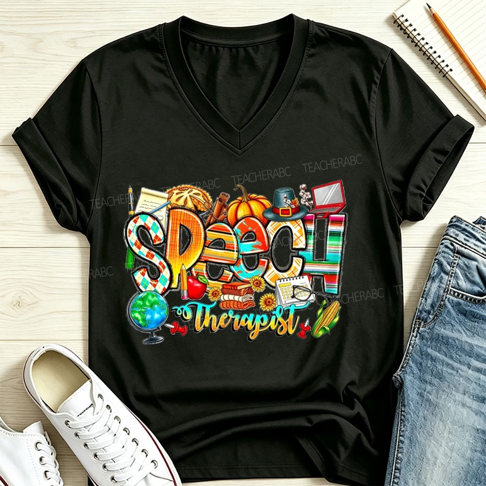 Fall Speech Therapist Thanksgiving Slp Autumn Pumpkin V Neck T-shirt