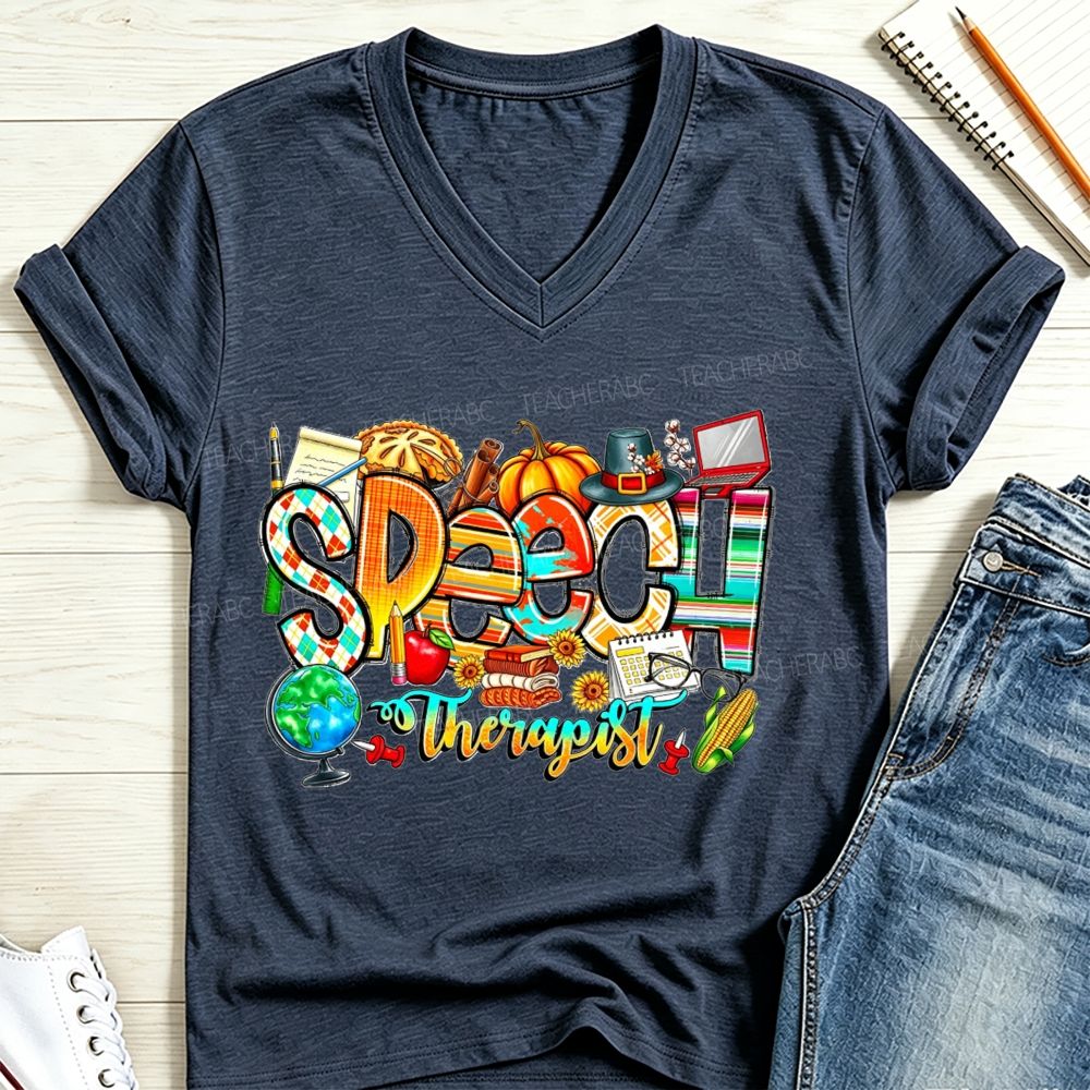 Fall Speech Therapist Thanksgiving Slp Autumn Pumpkin V Neck T-shirt