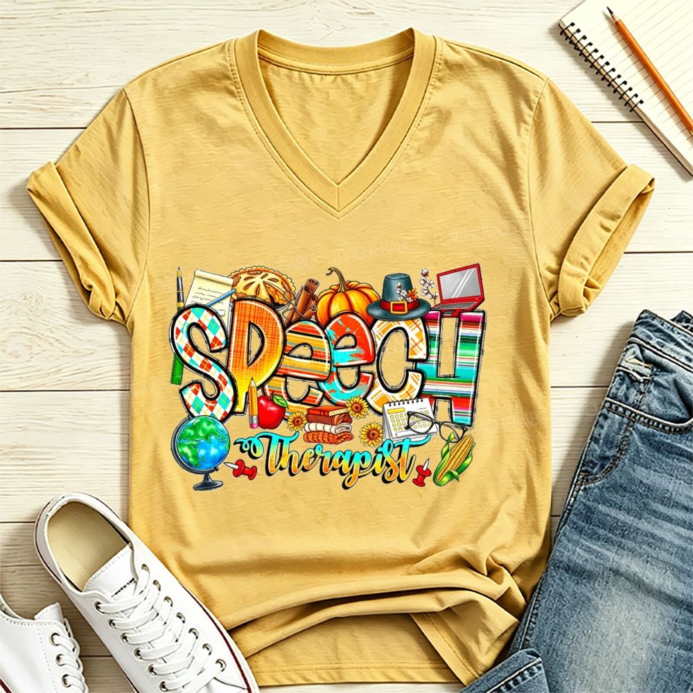 Fall Speech Therapist Thanksgiving Slp Autumn Pumpkin V Neck T-shirt