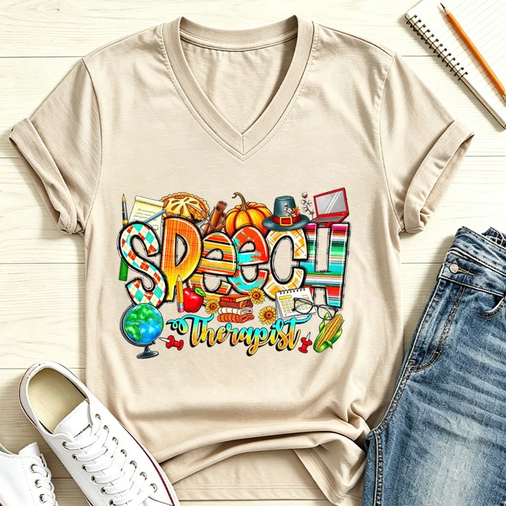 Fall Speech Therapist Thanksgiving Slp Autumn Pumpkin V Neck T-shirt