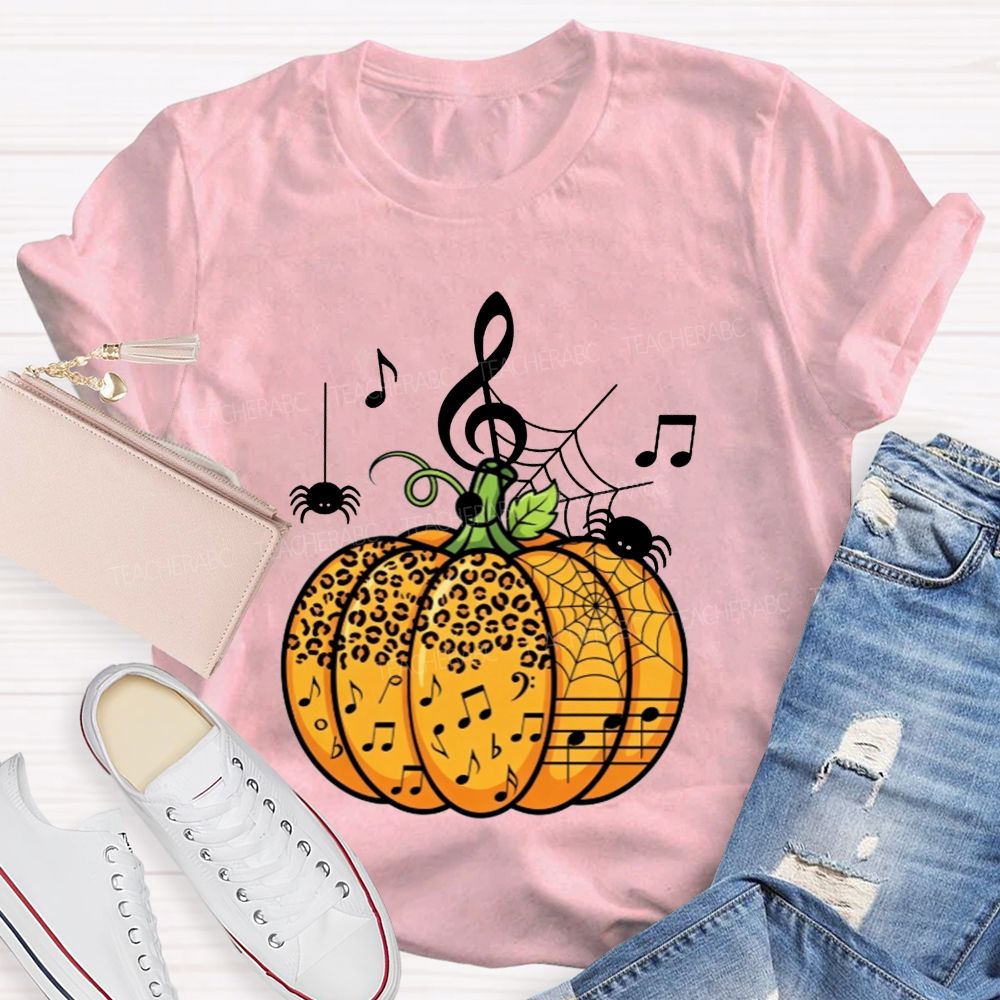Music Teacher Halloween Pumpkin With Music Notes And Spiders Teacher T-shirt