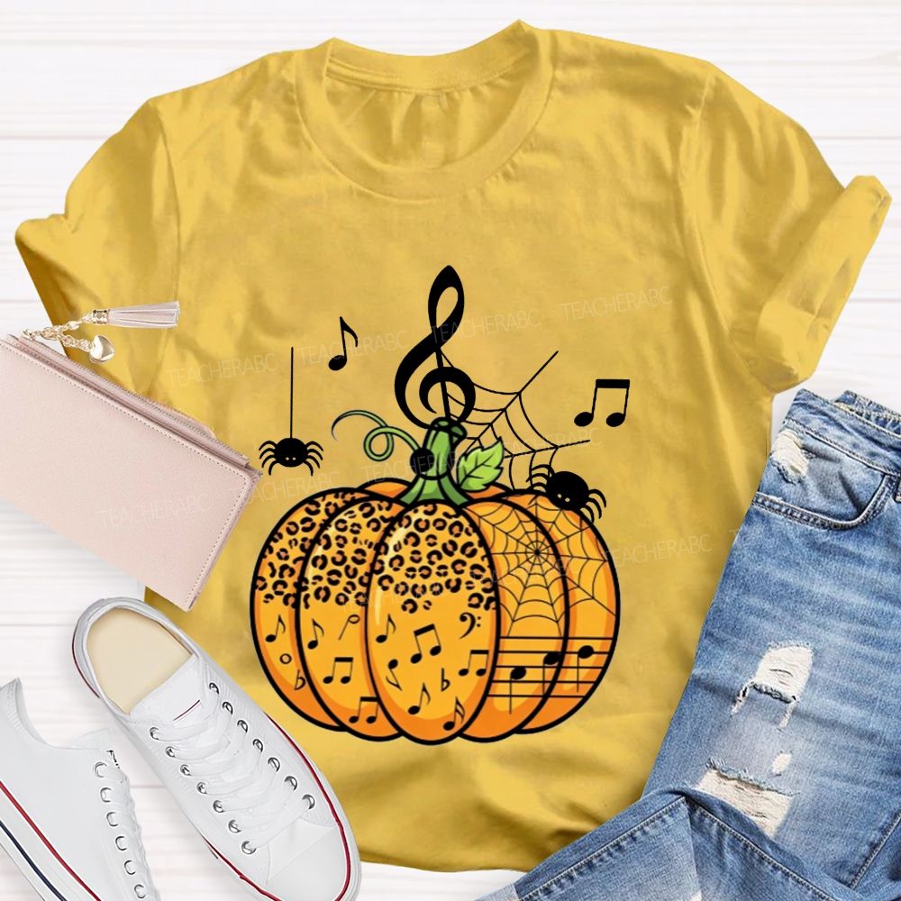 Music Teacher Halloween Pumpkin With Music Notes And Spiders Teacher T-shirt