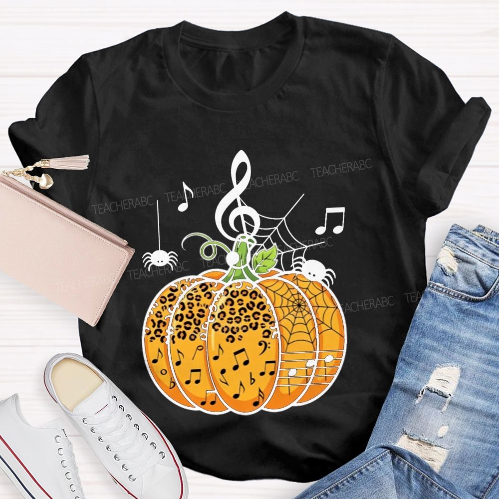 Music Teacher Halloween Pumpkin With Music Notes And Spiders Teacher T-shirt