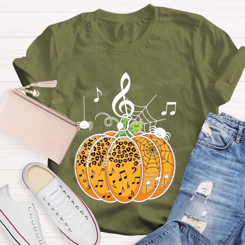 Music Teacher Halloween Pumpkin With Music Notes And Spiders Teacher T-shirt