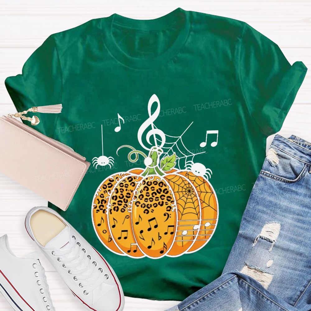 Music Teacher Halloween Pumpkin With Music Notes And Spiders Teacher T-shirt
