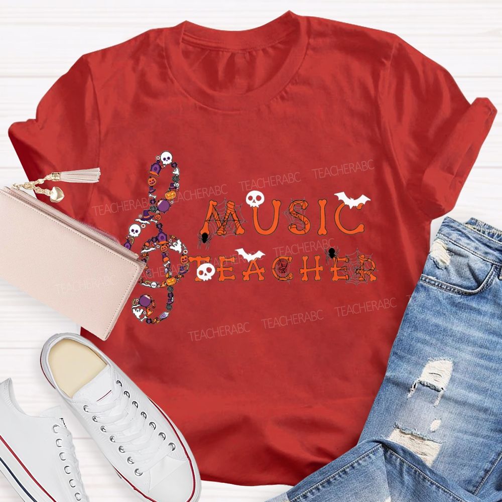 Halloween Music Teacher Treble Clef With Skulls Spiders Teacher T-shirt