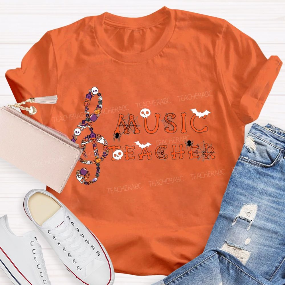 Halloween Music Teacher Treble Clef With Skulls Spiders Teacher T-shirt