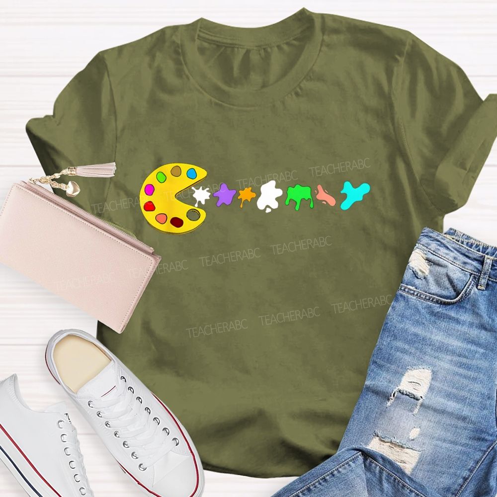 Pac-Man Art Palette Eating Paint Splats Art Teacher T-shirt