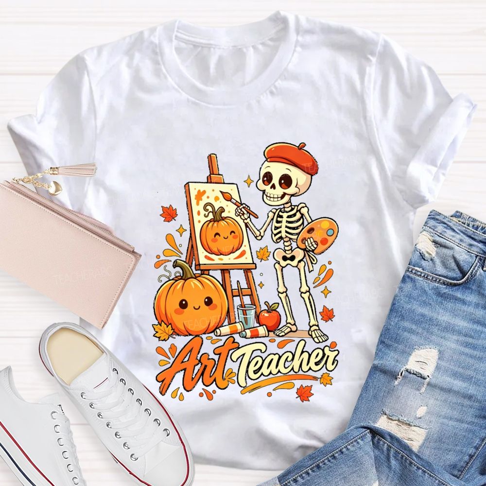 Halloween Art Teacher Skeleton Pumpkin Painter T-shirt