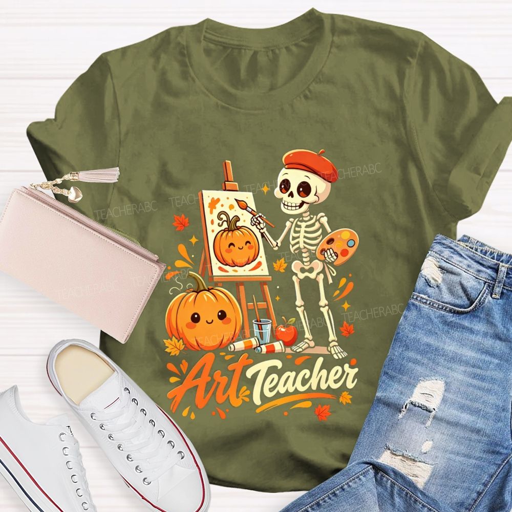 Halloween Art Teacher Skeleton Pumpkin Painter T-shirt