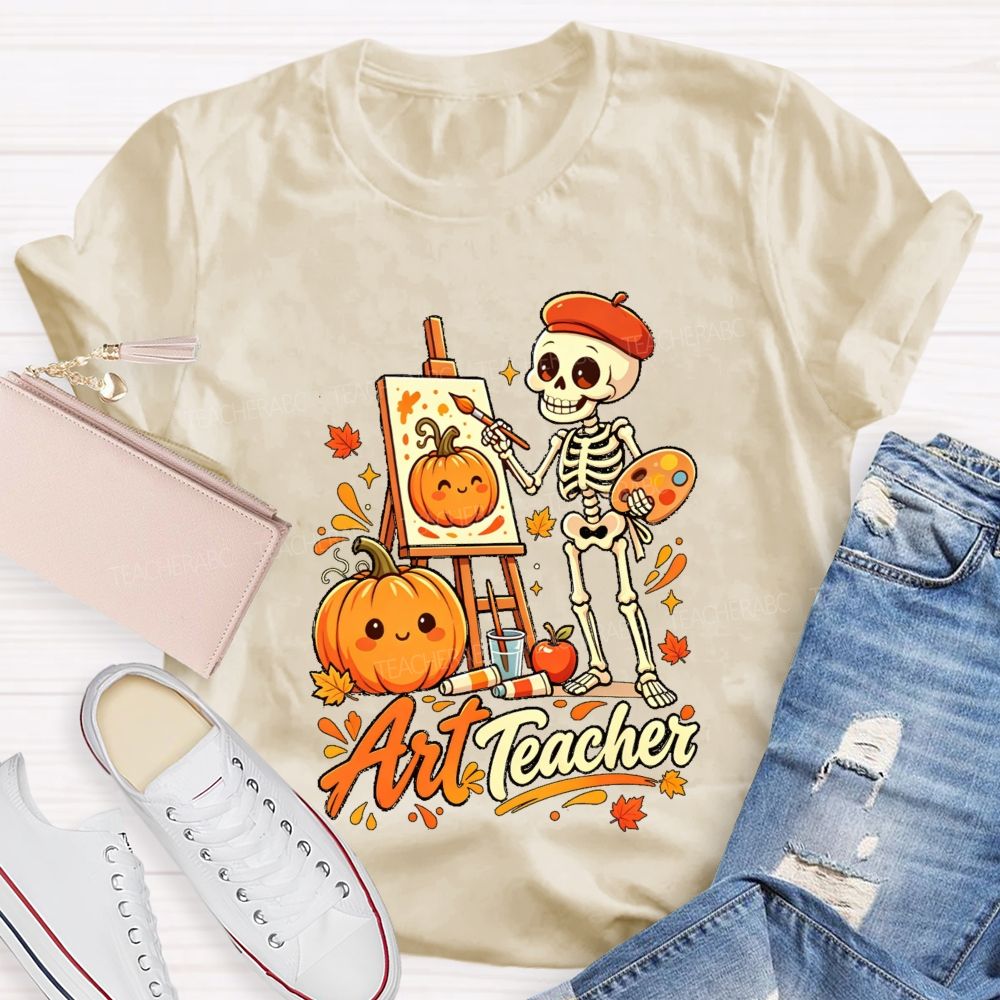 Halloween Art Teacher Skeleton Pumpkin Painter T-shirt