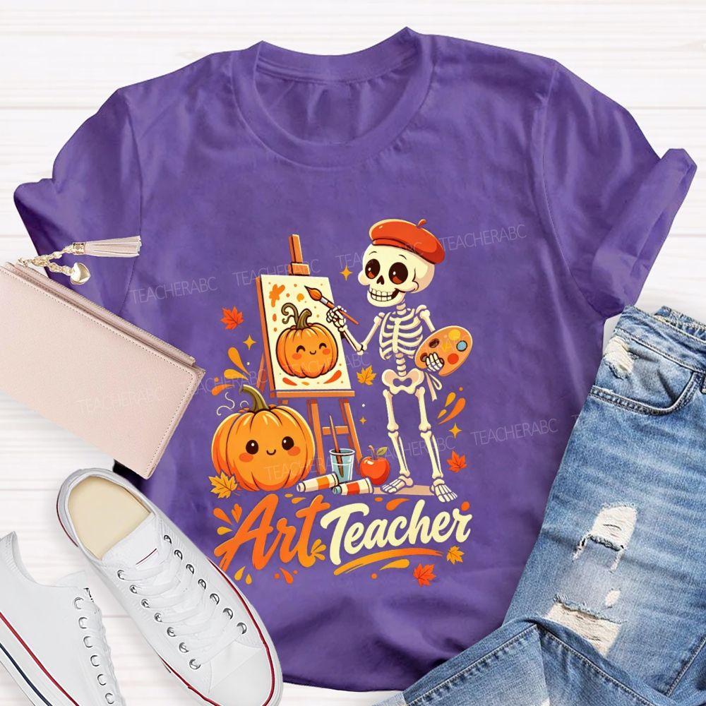 Halloween Art Teacher Skeleton Pumpkin Painter T-shirt