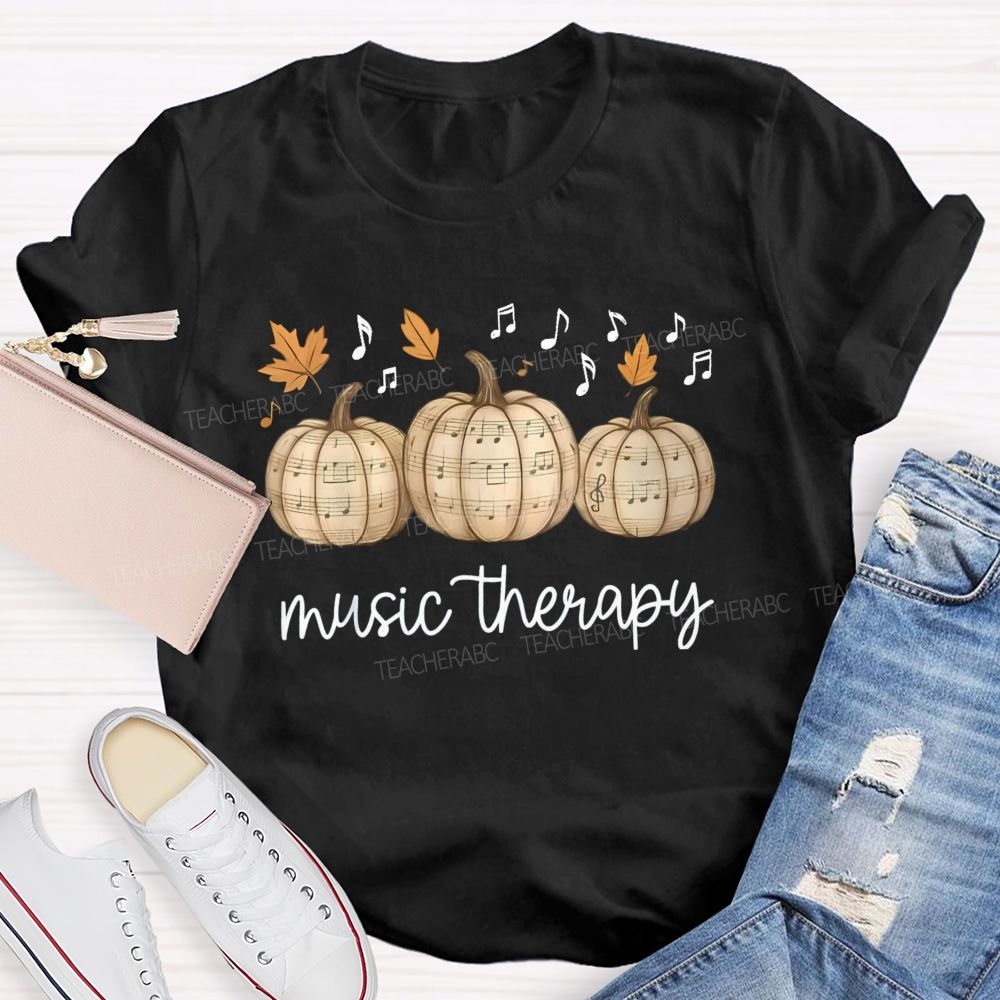 Music Therapy Pumpkin Fall Leaves Musical Notes Teacher T-shirt