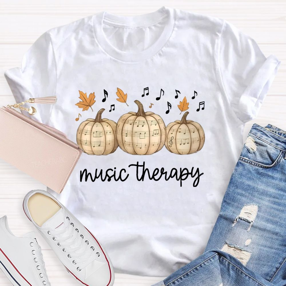 Music Therapy Pumpkin Fall Leaves Musical Notes Teacher T-shirt